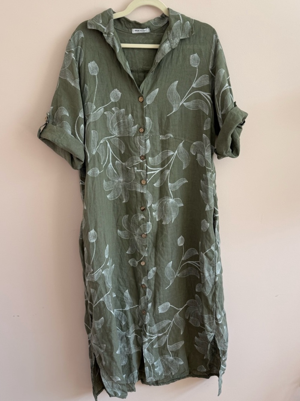 Olive Green Floral Button-Front Linen Dress